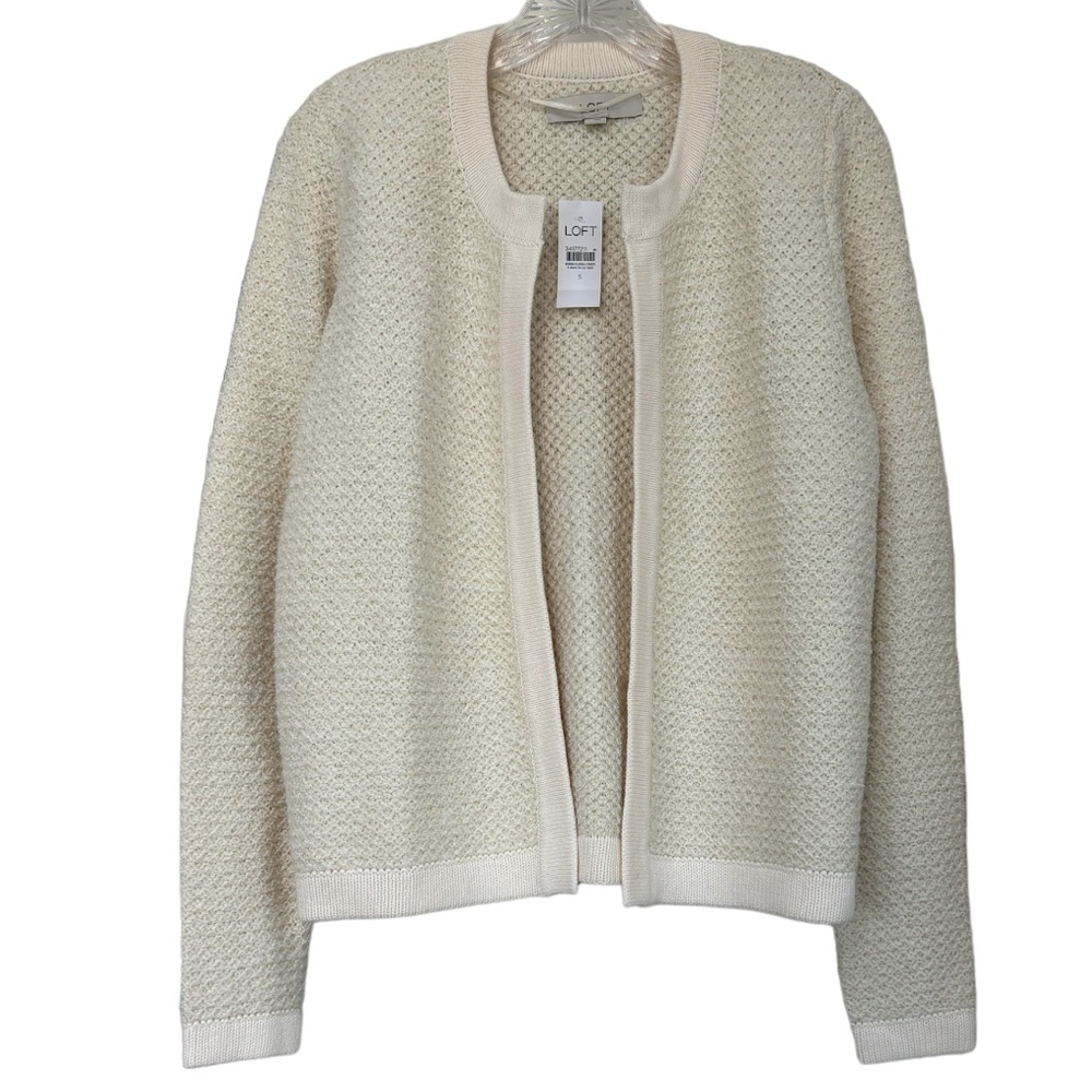 Textured Tweed Open Sweater Knit Jacket Neutral Cream Beige Tan LOFT Size Small - Picture 4 of 13
